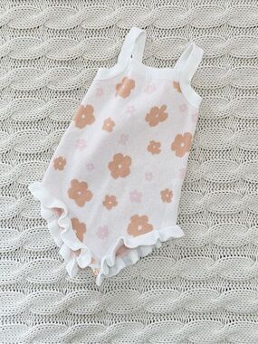 Snug Knit Baby Romper in White with Peach Floral